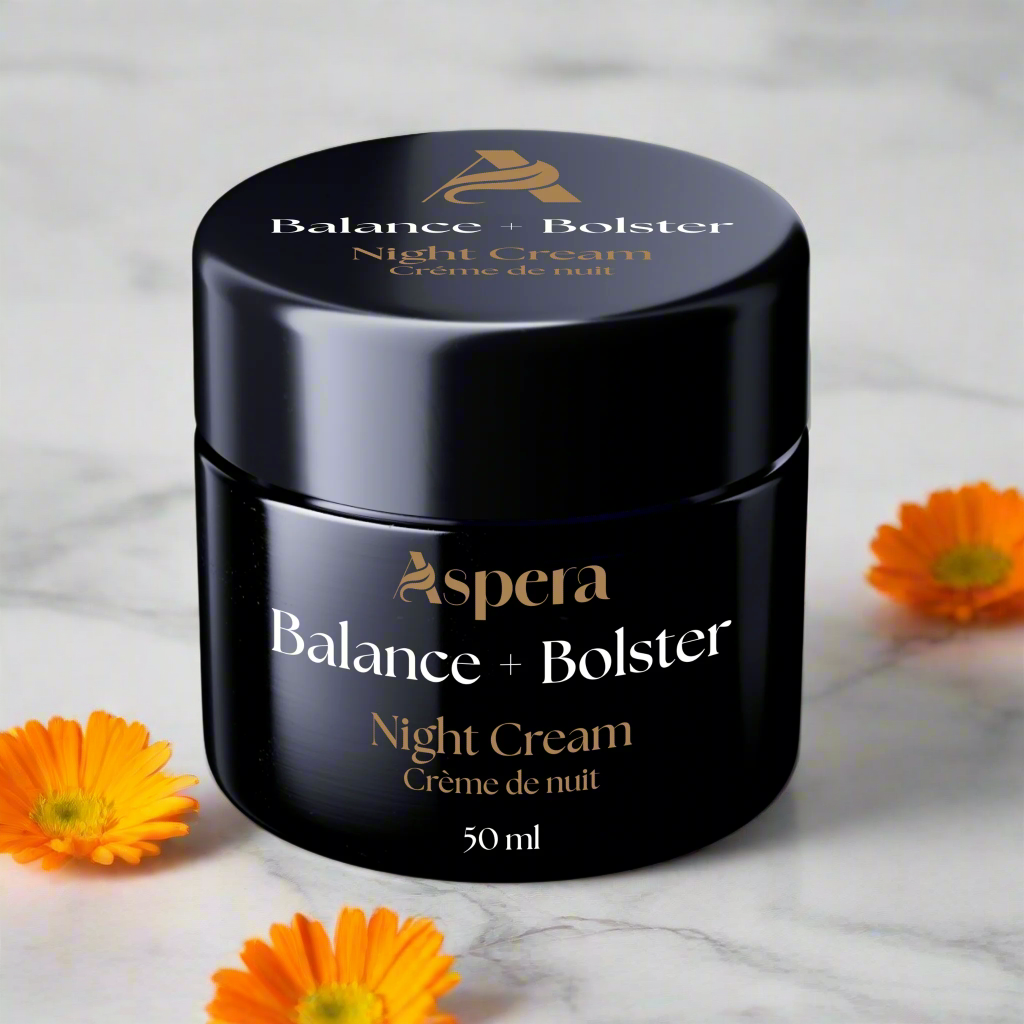 Aspera Balance + Bolster Night Cream in 50ml Violet Glass Jar