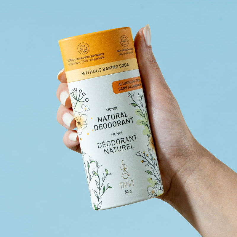 Monoi natural deodorant in compostable tube, aluminum-free and baking soda-free option for sensitive skin