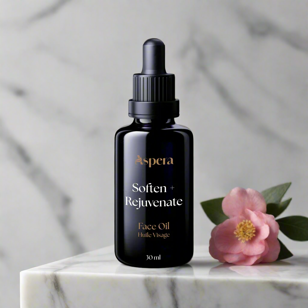 Aspera Soften + Rejuvenate Face Oil in 30 ml Violet Glass Dropper Bottle