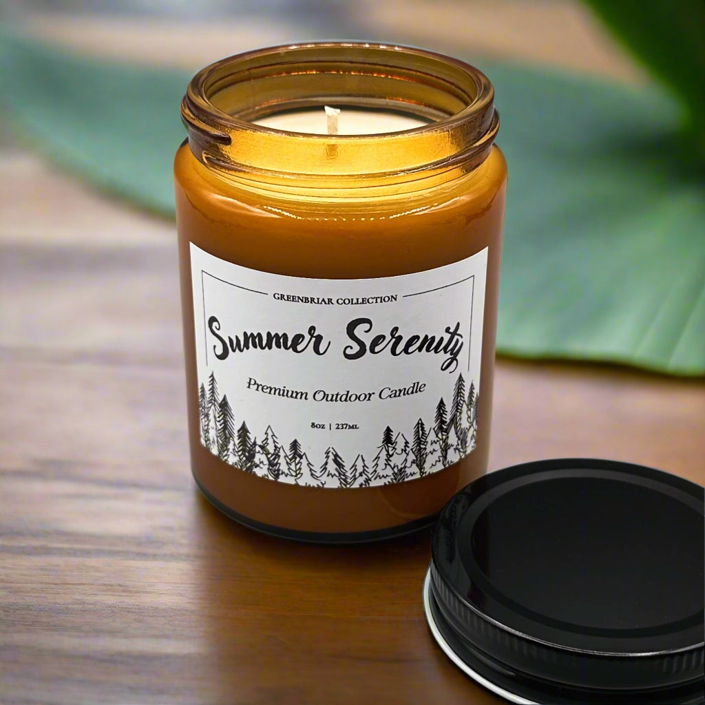 Open Summer Serenity bug-repelling soy candle with cedar, eucalyptus, and mint – best outdoor candle in Calgary