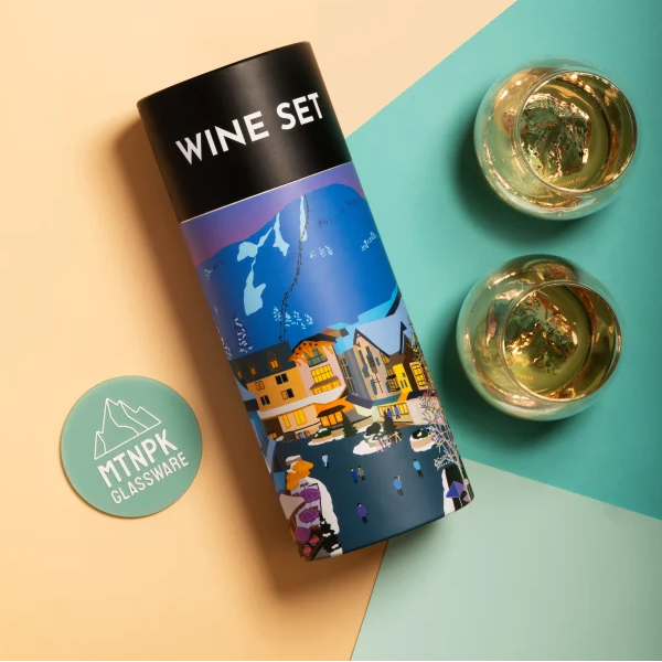 Wine set packaging with two glasses of wine on a colorful background