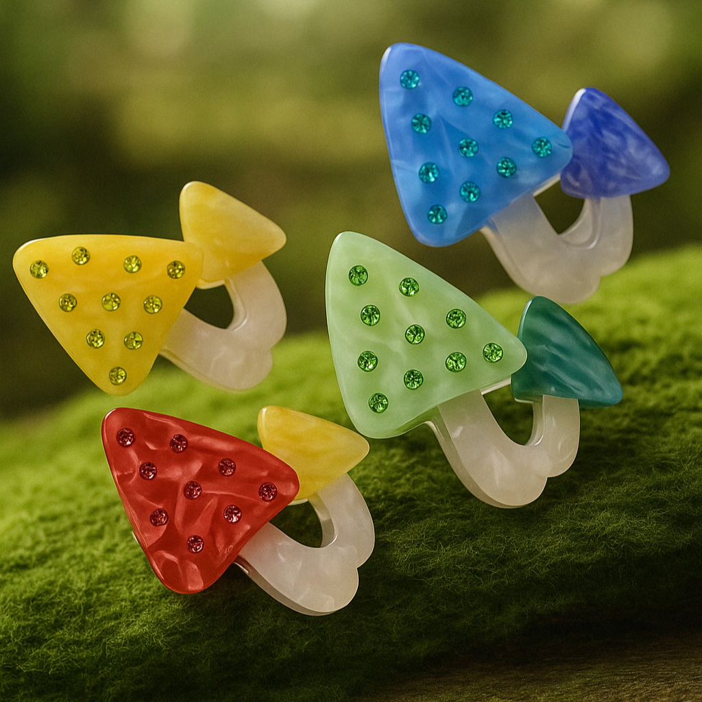 Whimsical mushroom hair clips in red, green, blue, and yellow on moss in Calgary forest gift shop scene