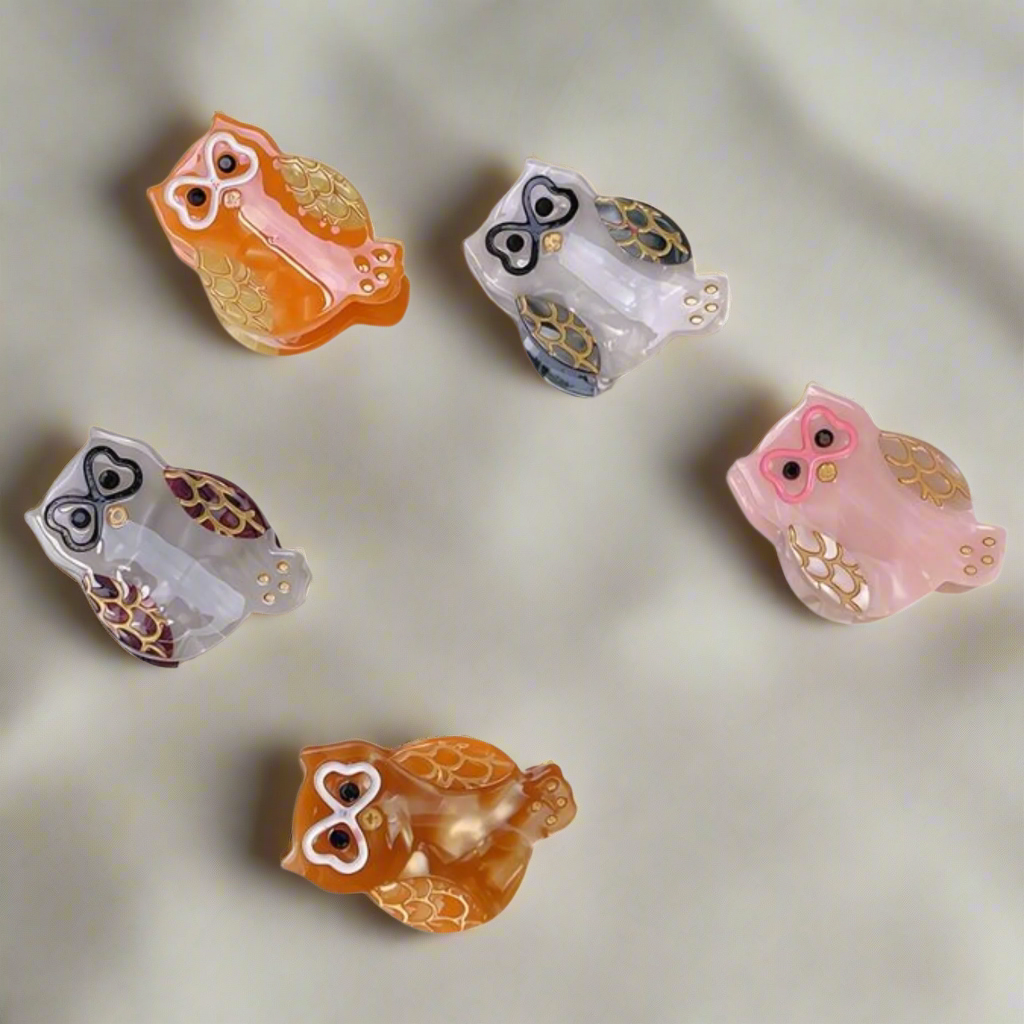 Five owl-shaped mini hair clips in assorted colours on a soft neutral background – Calgary accessories shop