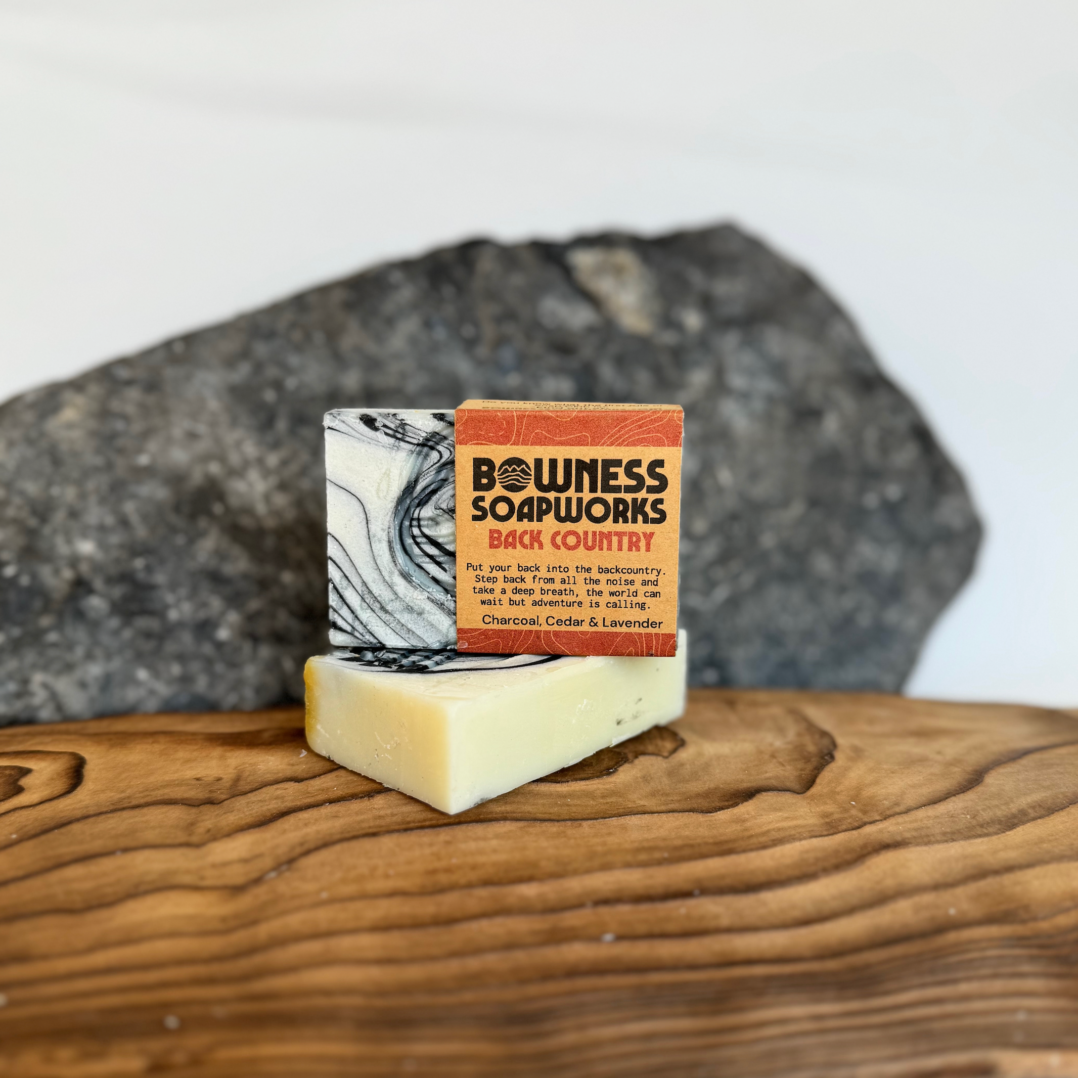 Back Country cedar and charcoal soap bar made in Calgary by Bowness Soapworks