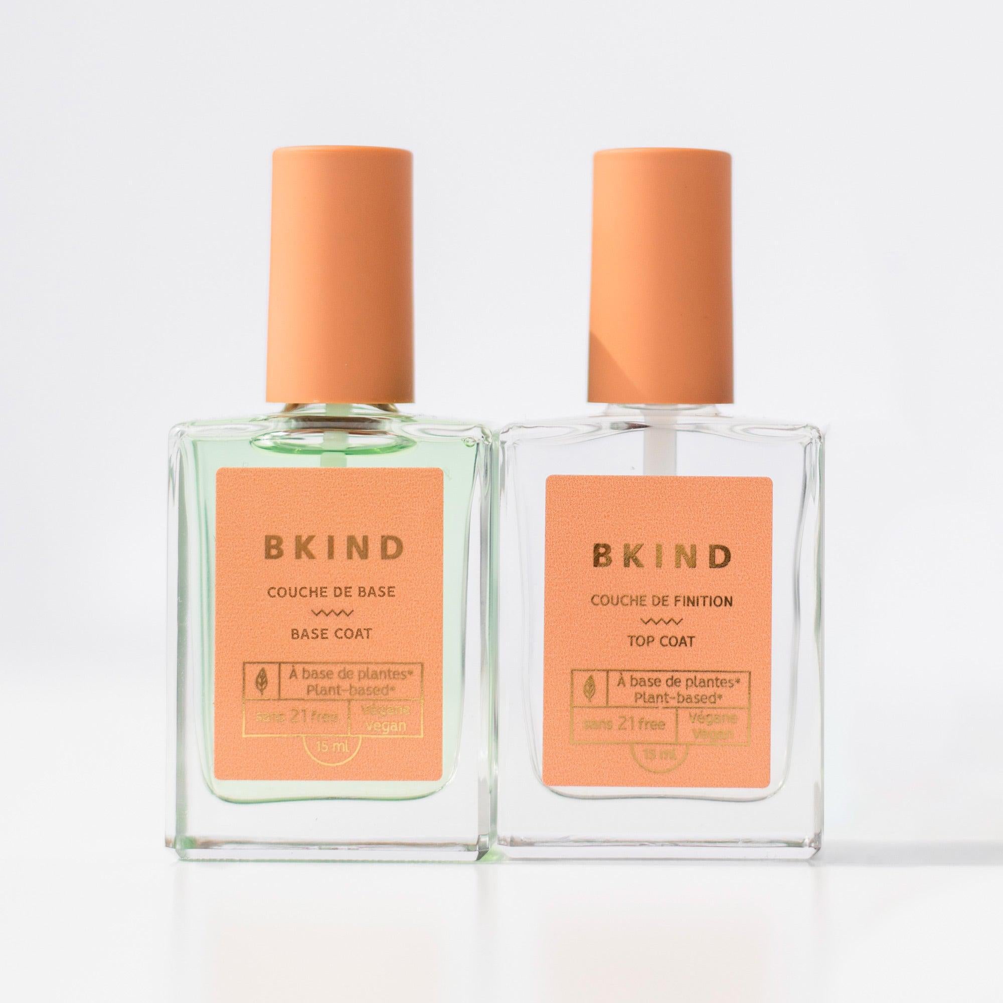 BKIND base and top coat bottles – Calgary vegan nail polish essentials for long-lasting, plant-based manicures.