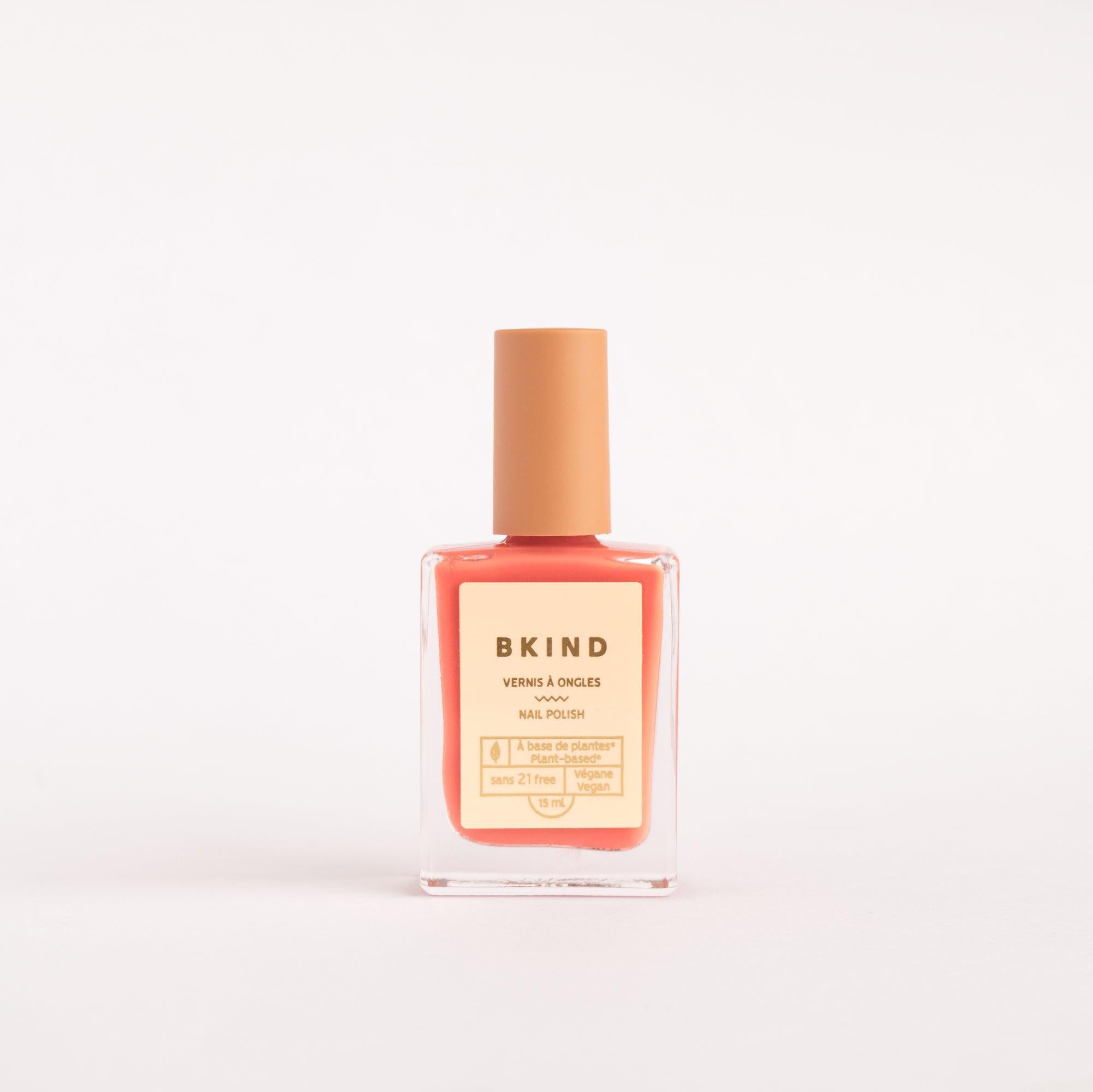 BKIND Cancer coral nail polish bottle on white background – Calgary non-toxic nail polish
