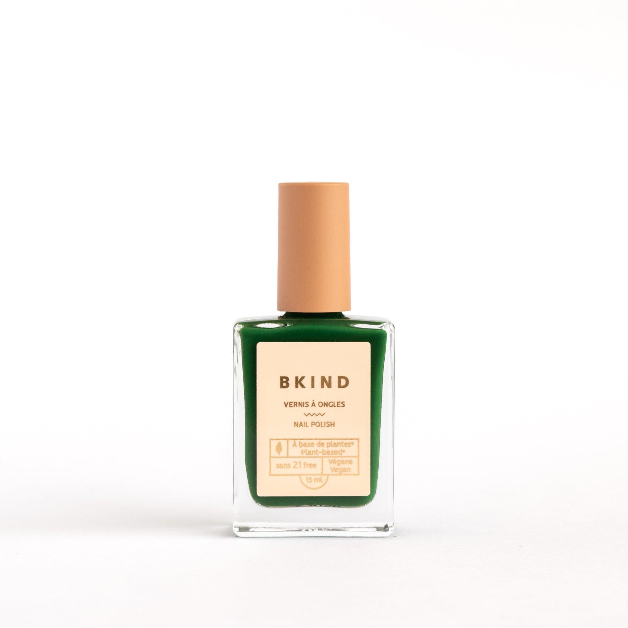 BKIND Capricorn forest green nail polish bottle on white background, available at Calgary refillery Greenbriar Market