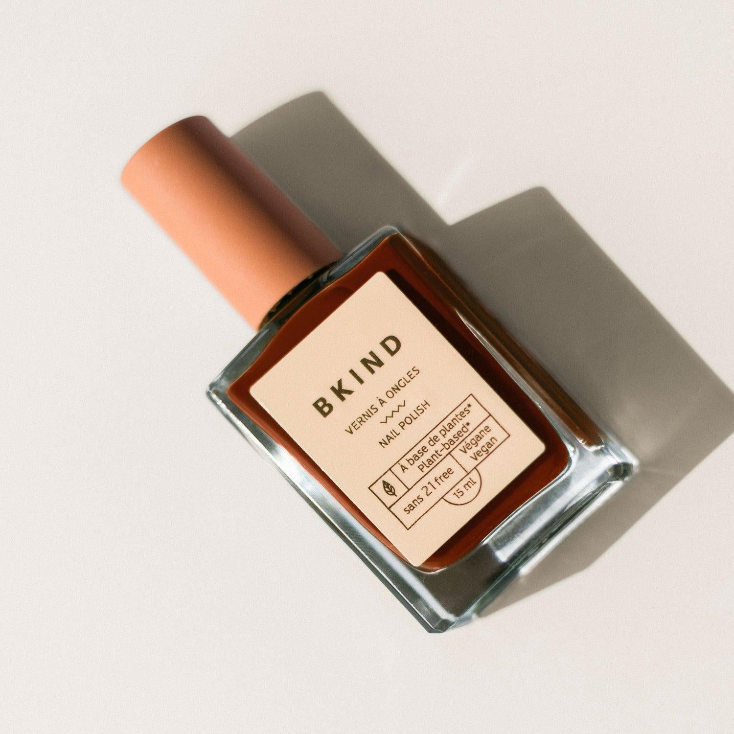 BKIND Chaï nail polish in a warm rust tone, available at Calgary’s sustainable refillery Greenbriar Market.