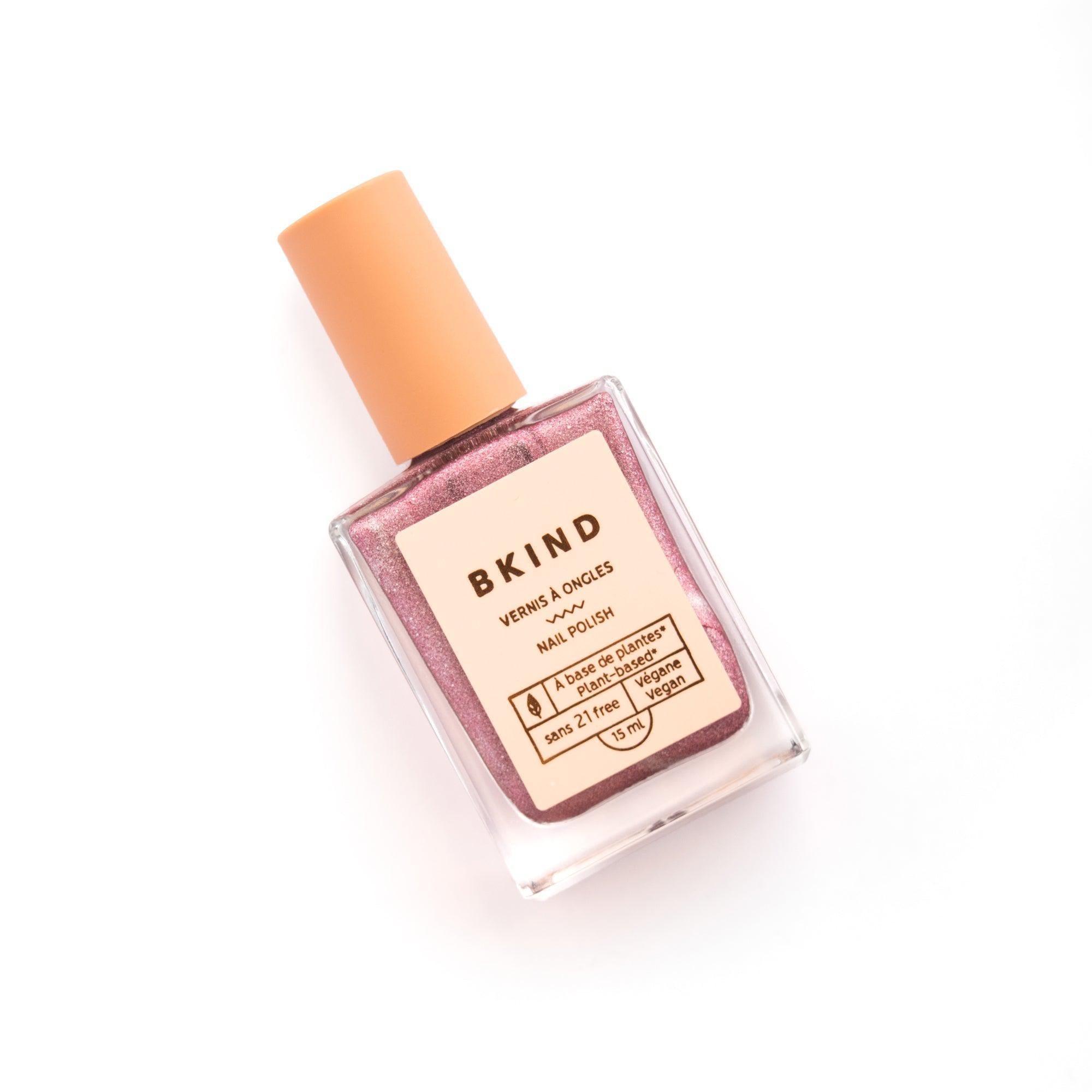 BKIND Charmed nail polish in pearly dusty pink with glitter, available at Calgary refillery Greenbriar Market.