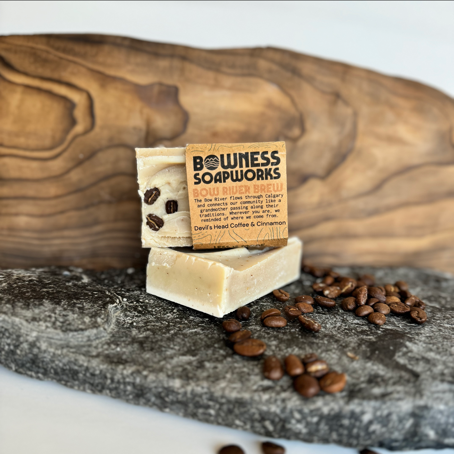 Coffee cinnamon soap bar made in Calgary by Bowness Soapworks, styled with whole beans