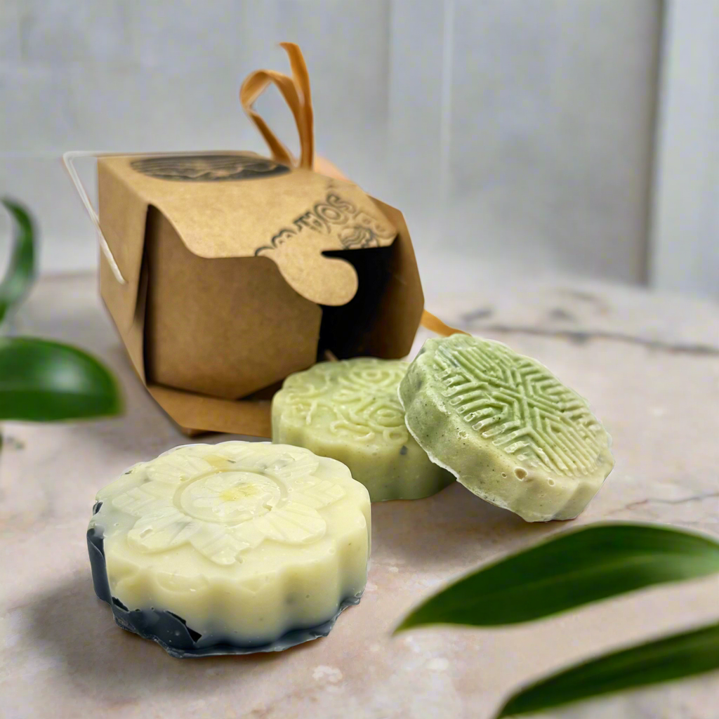 Gift-ready natural bar soaps from Bowness Soapworks in a kraft take-out box, handcrafted in Calgary with essential oils