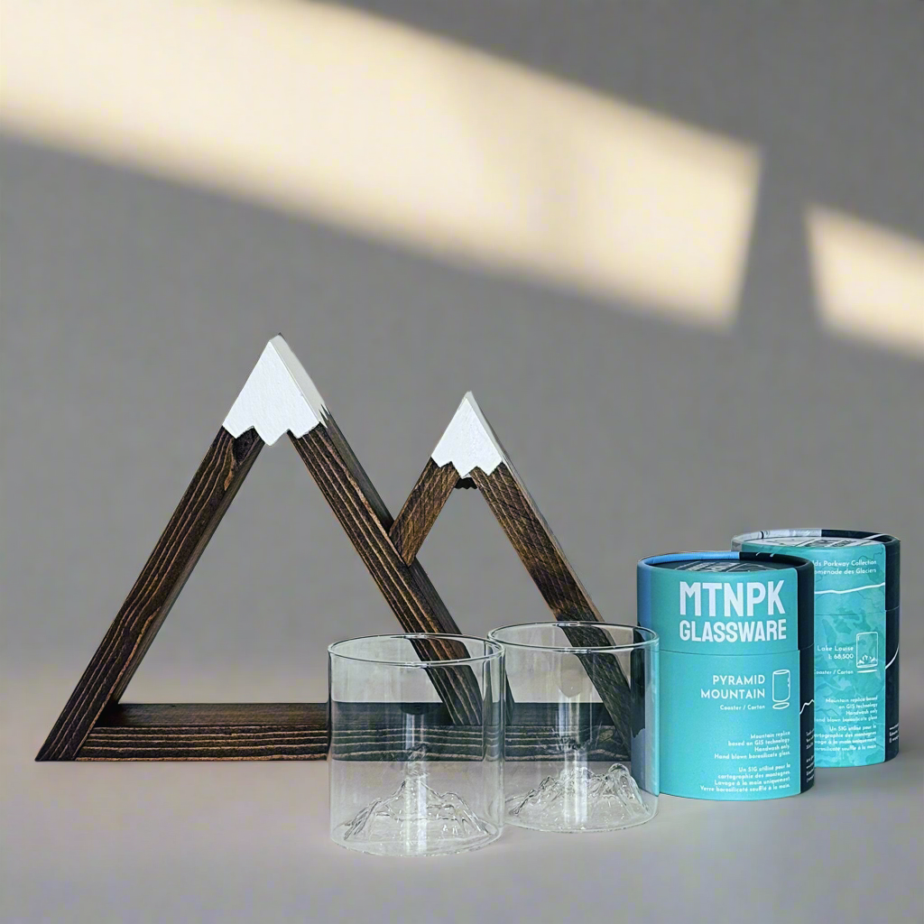 Calgary gift bundle with MTNPK Glassware and mountain shelf from Chinook Creations, perfect for local gifting and mountain lovers.