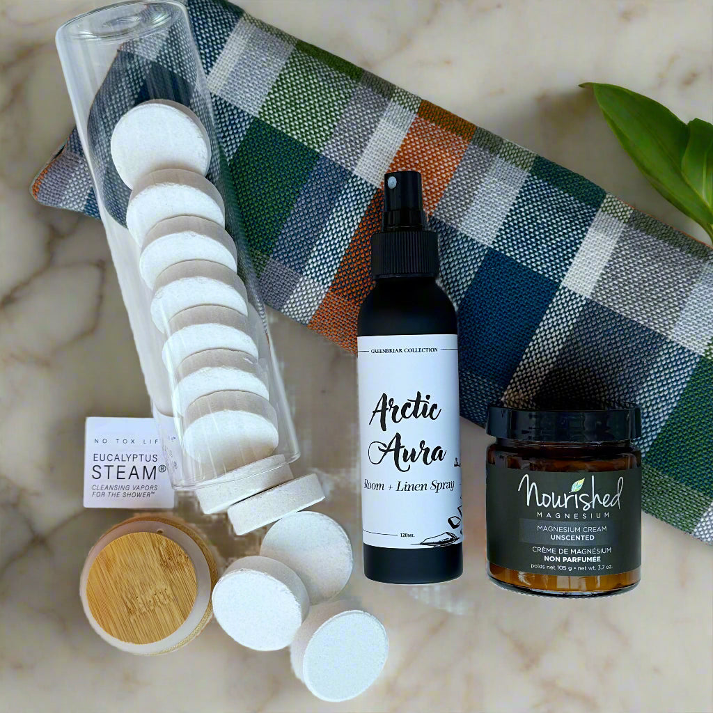 Calgary relaxation gift set with eucalyptus steamers, heat pack, magnesium cream, and minty room spray.