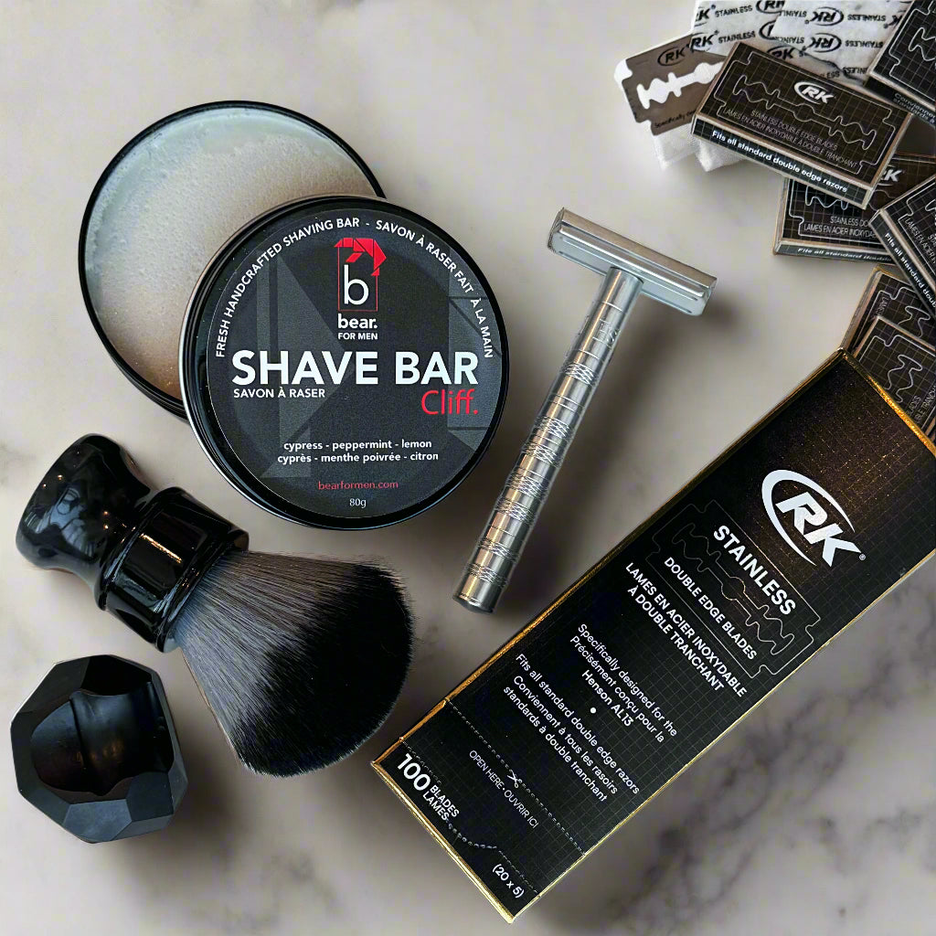 Calgary shave gift set with safety razor, shave bar, brush, and stainless blades for a smooth start to the day.