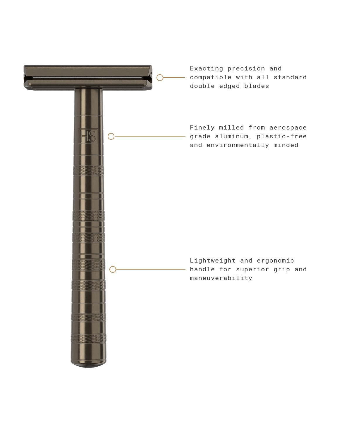 Tan Henson AL13 Safety Razor with features highlighted – Calgary sustainable shaving at Greenbriar Market