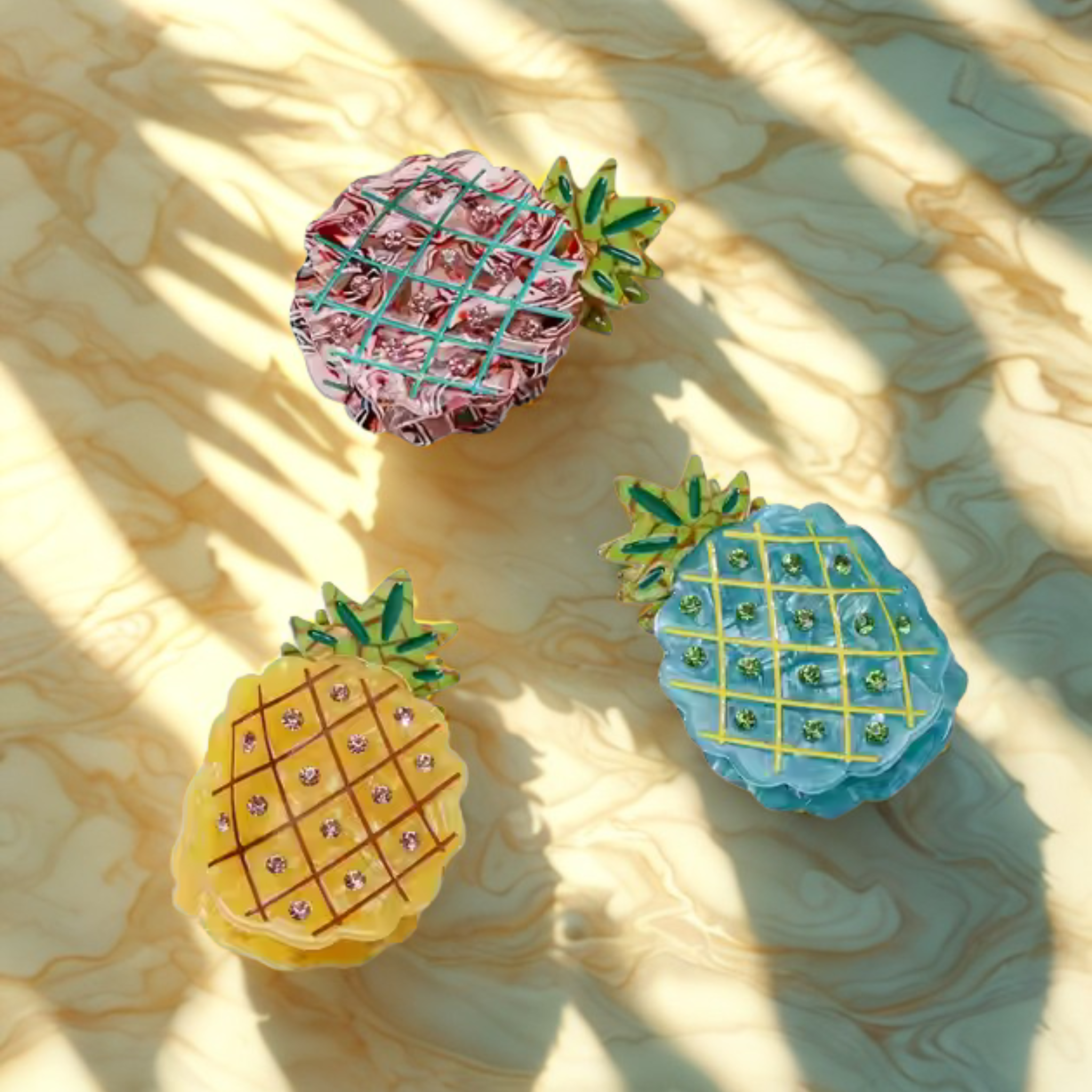 Playful pineapple claw clips in sunlight at Greenbriar Market, Calgary — best hair accessories in the city.