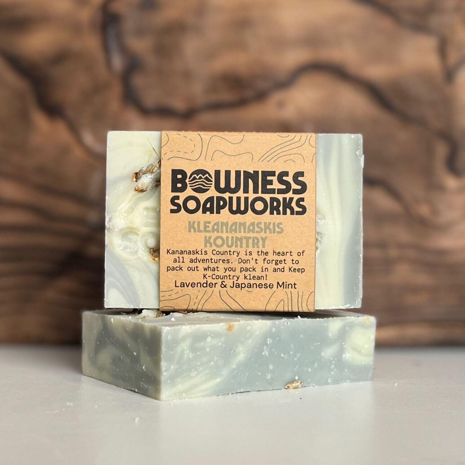 Lavender and Japanese mint soap made in Calgary by Bowness Soapworks, stacked with mountain-inspired swirls and natural kraft label
