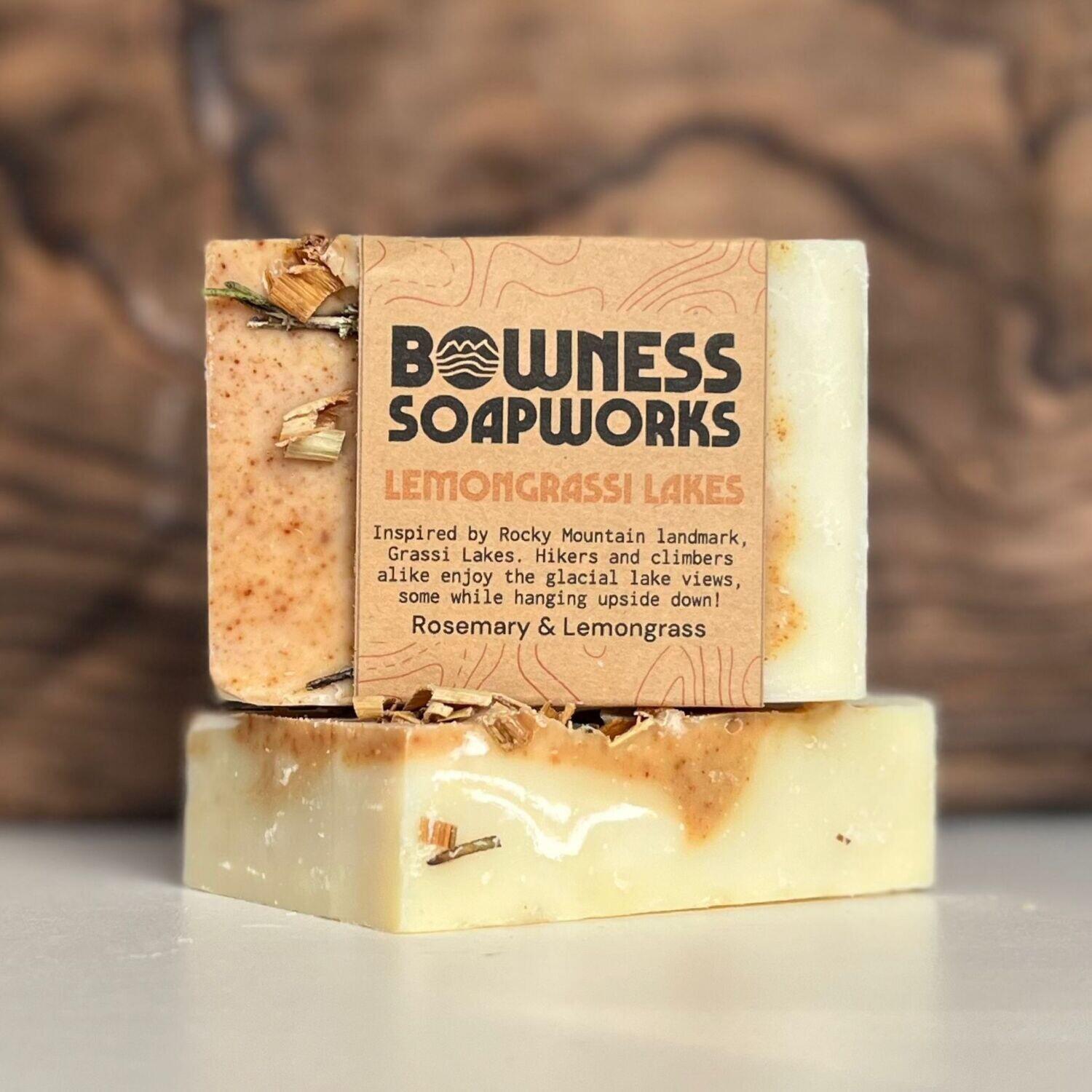 Lemongrass rosemary turmeric soap bar handmade in Calgary with visible botanicals