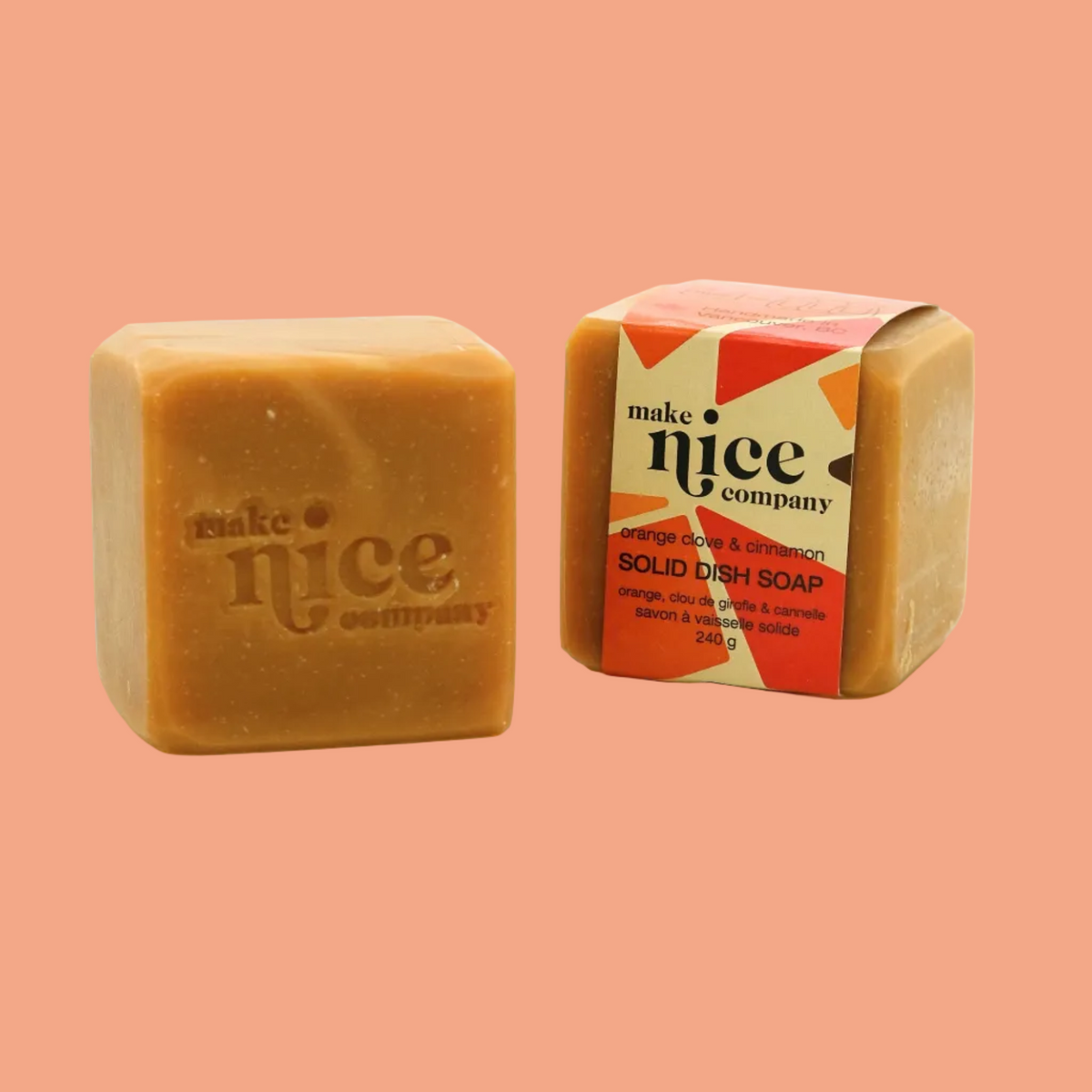 Unwrapped and packaged Make Nice Company Orange Clove + Cinnamon Solid Dish Soap, embossed logo bar, Calgary zero waste