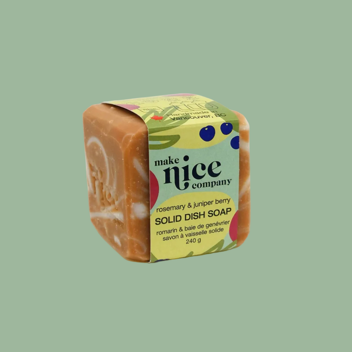 Make Nice Company Rosemary + Juniper Solid Dish Soap with a berry print label on sage green, Calgary zero waste