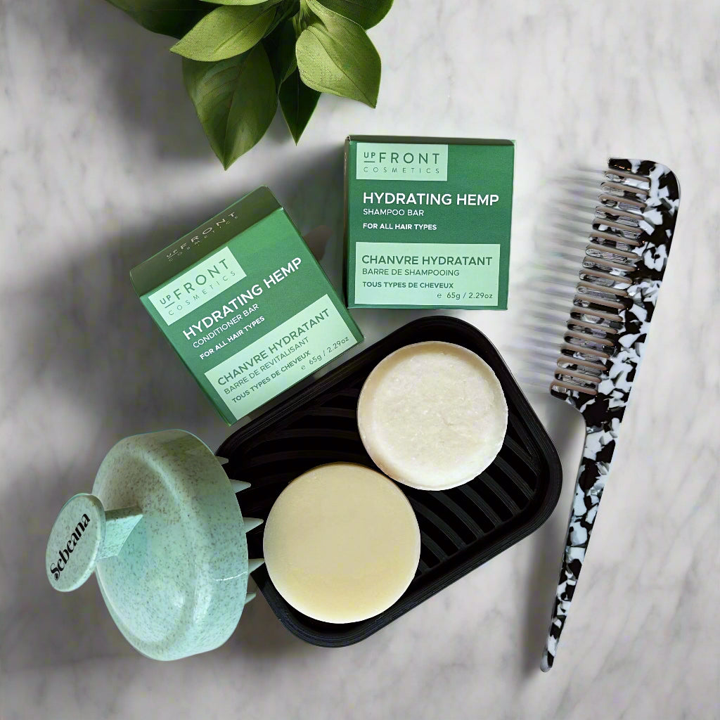 Calgary hair care gift set with shampoo and conditioner bars, comb, scalp massager, and recycled soap dish.