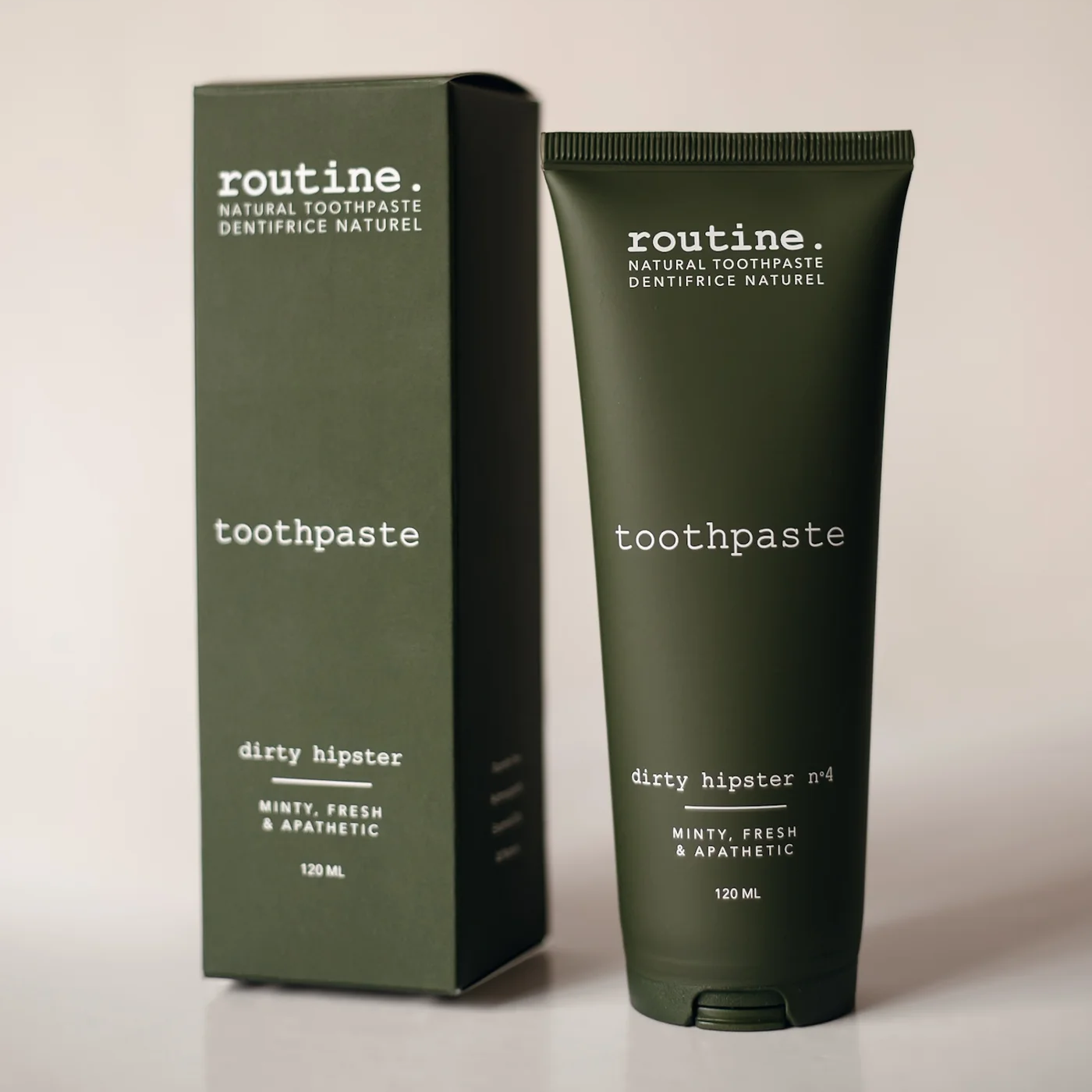 Routine Dirty Hipster Toothpaste and box, sustainable oral care made in Calgary