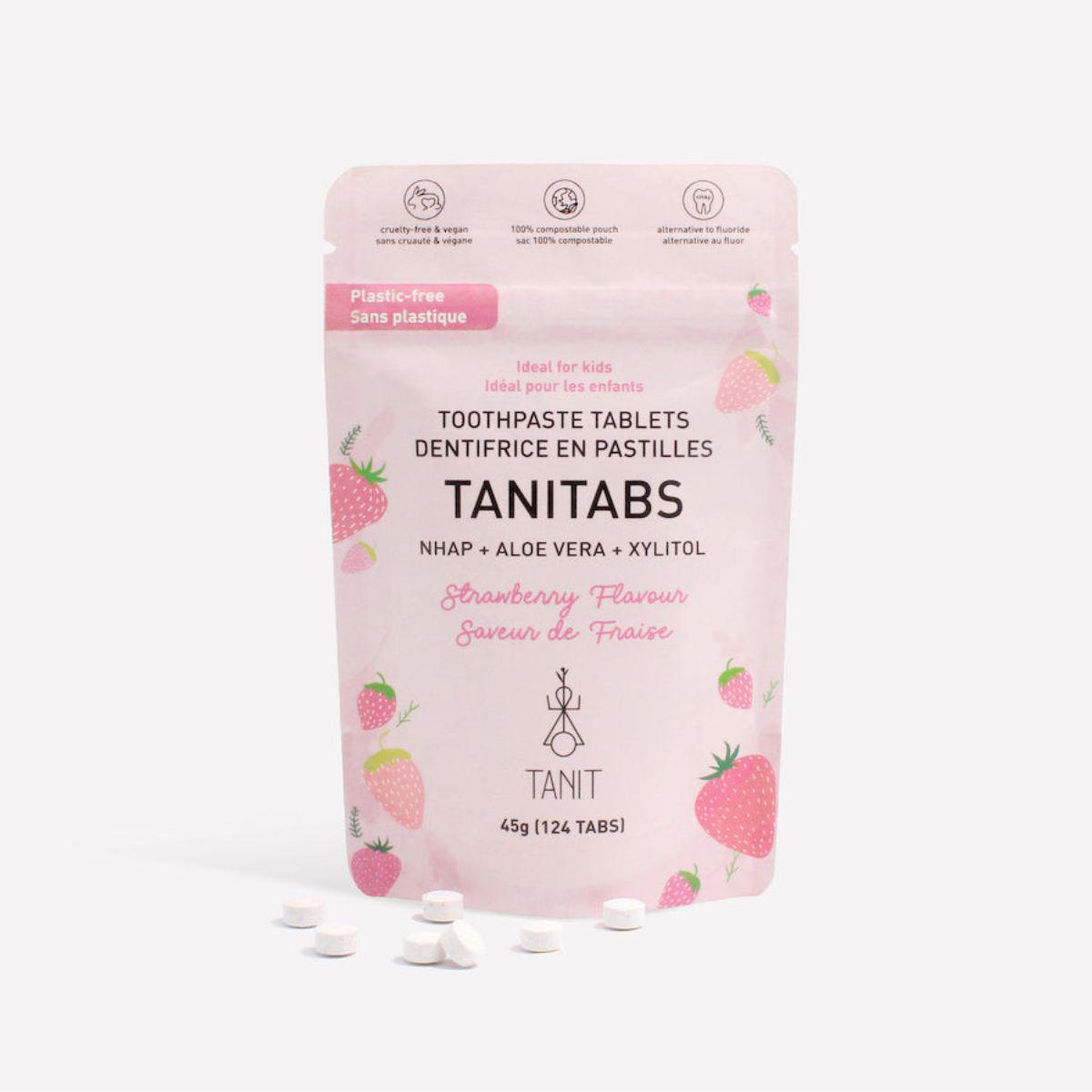 Strawberry toothpaste tablets in a compostable pouch – Calgary zero waste oral care