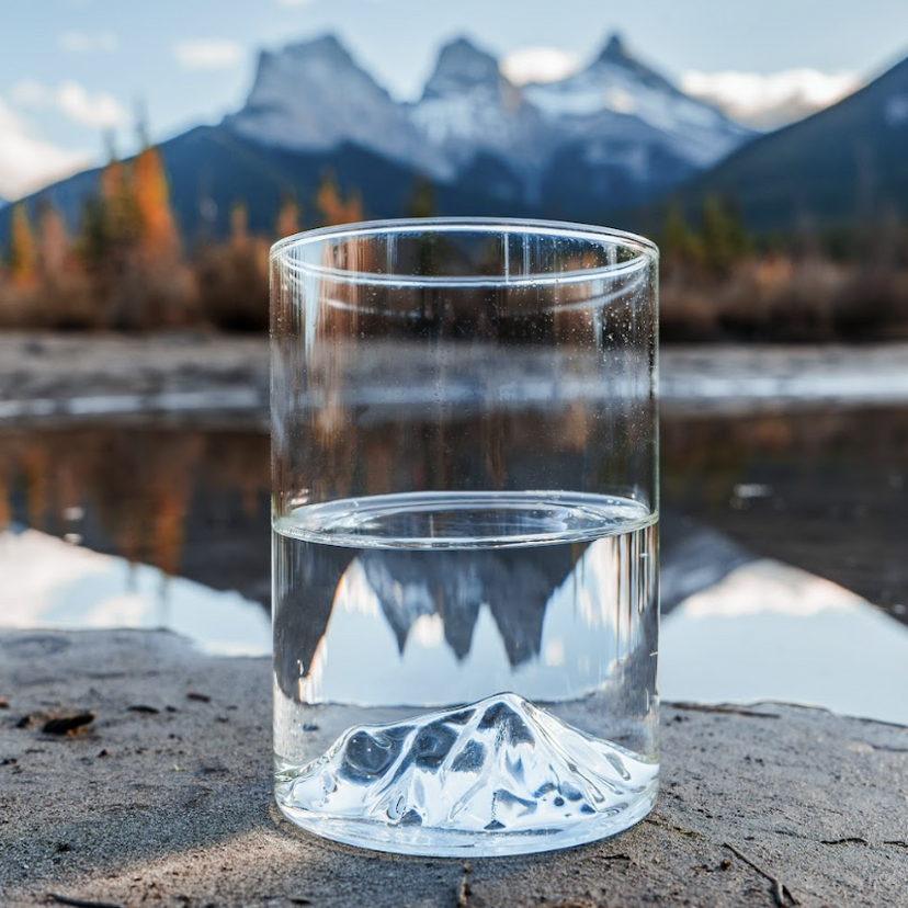 Three Sisters pint glass with 3D mountain detail, photographed in front of the real Three Sisters near Canmore, Alberta