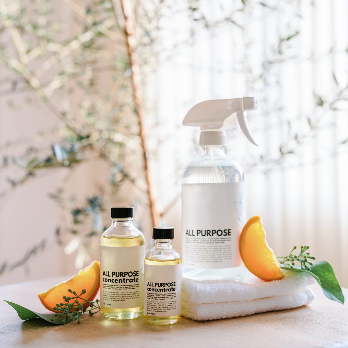 Three All Purpose Concentrate bottles with orange slices and greenery