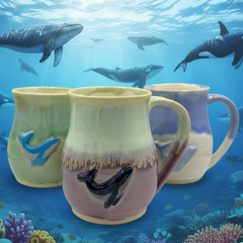 Three ceramic mugs with whale designs on a white background