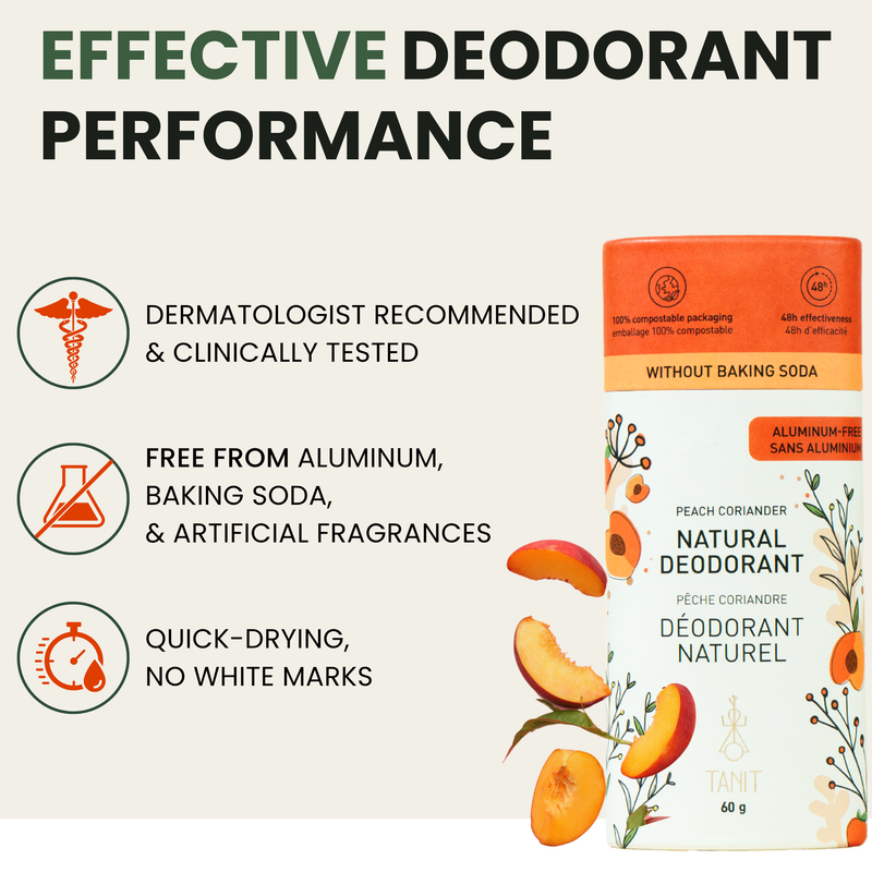 Natural deodorant packaging with peach and coriander design on a white background