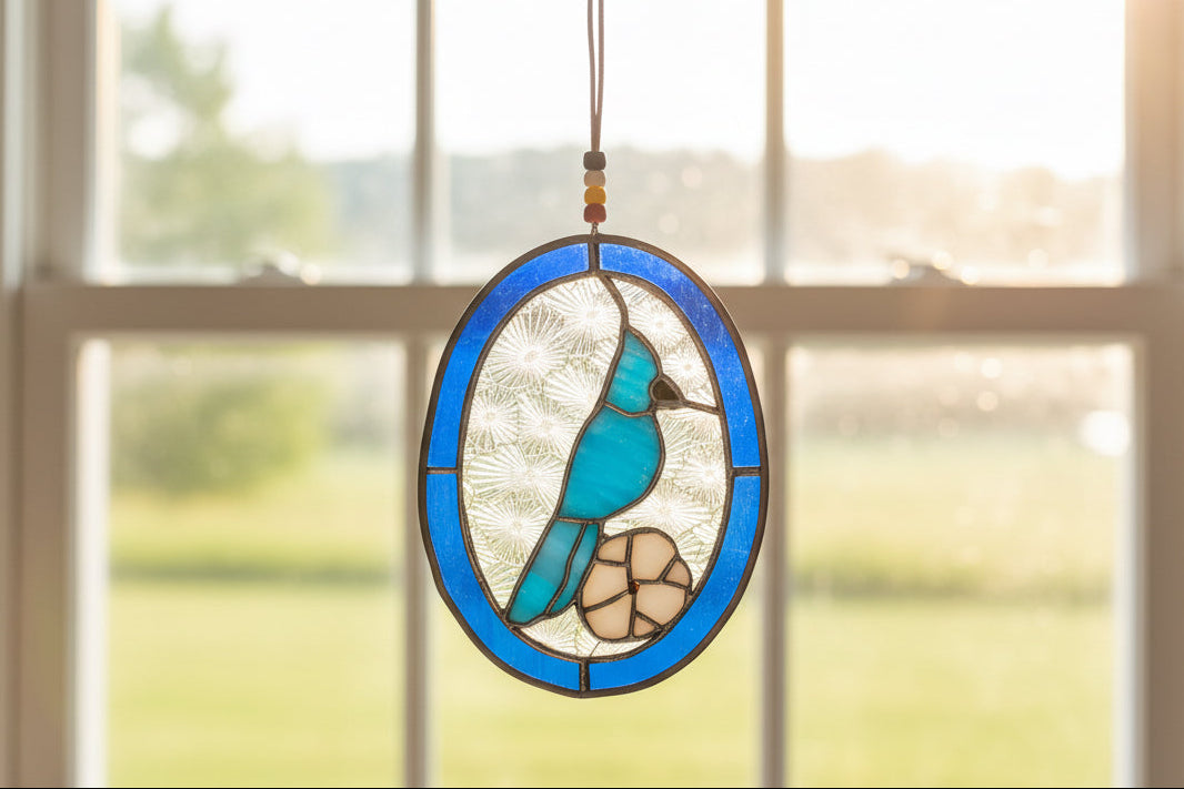 Stained Glass | Blue Jay with Farmhouse Glass - Greenbriar Market + Refillery