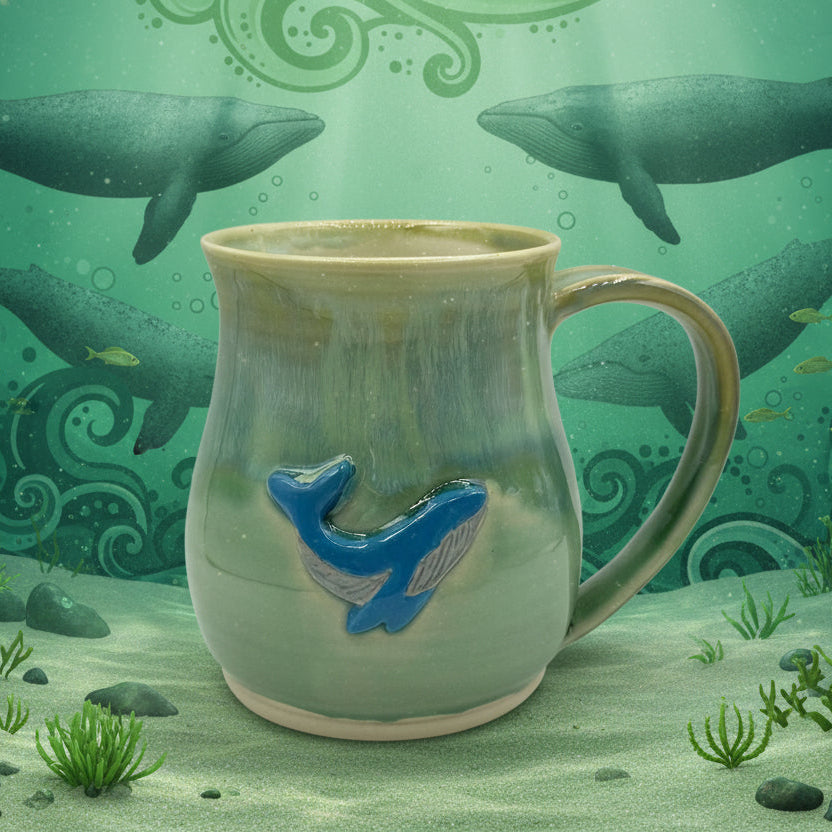 Mug with whale design in an underwater scene with whales and plants.