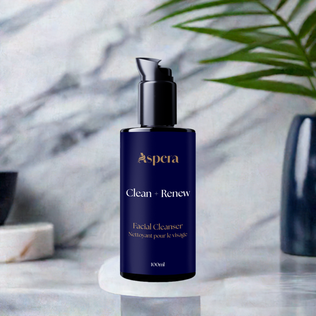 Clean + Renew Facial Cleanser by Aspera in Violet Glass Bottle