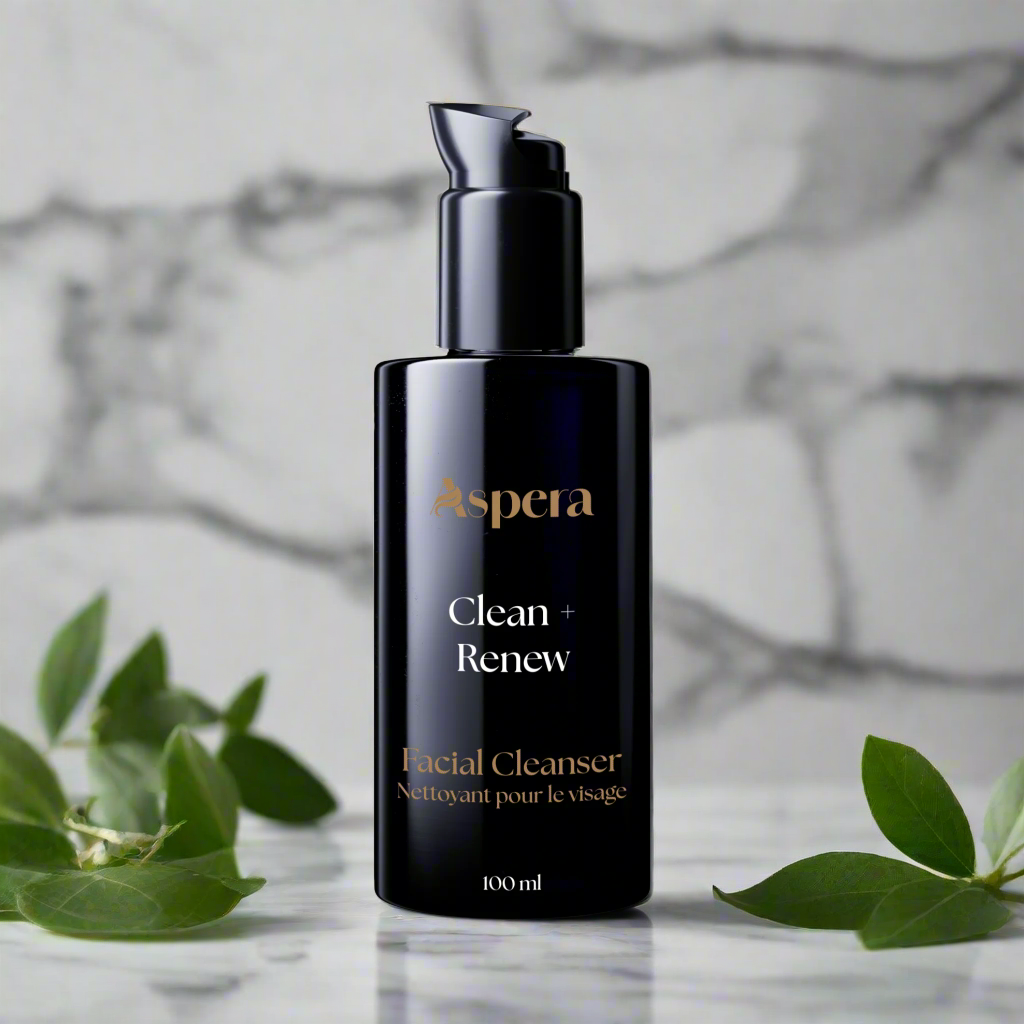 Aspera Clean + Renew Facial Cleanser in 100ml Violet Glass Pump Bottle