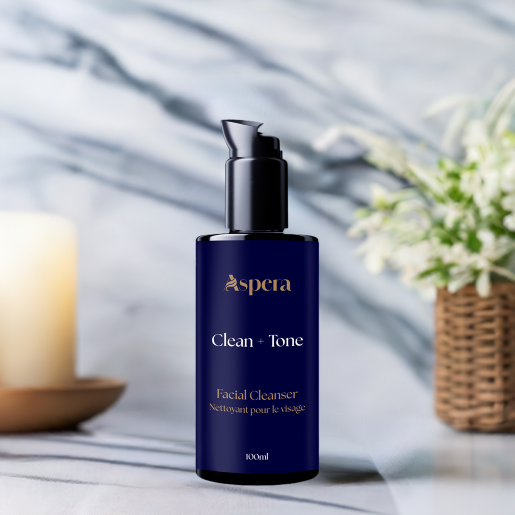 Clean + Tone Facial Cleanser by Aspera in 100 mL Violet Glass Bottle