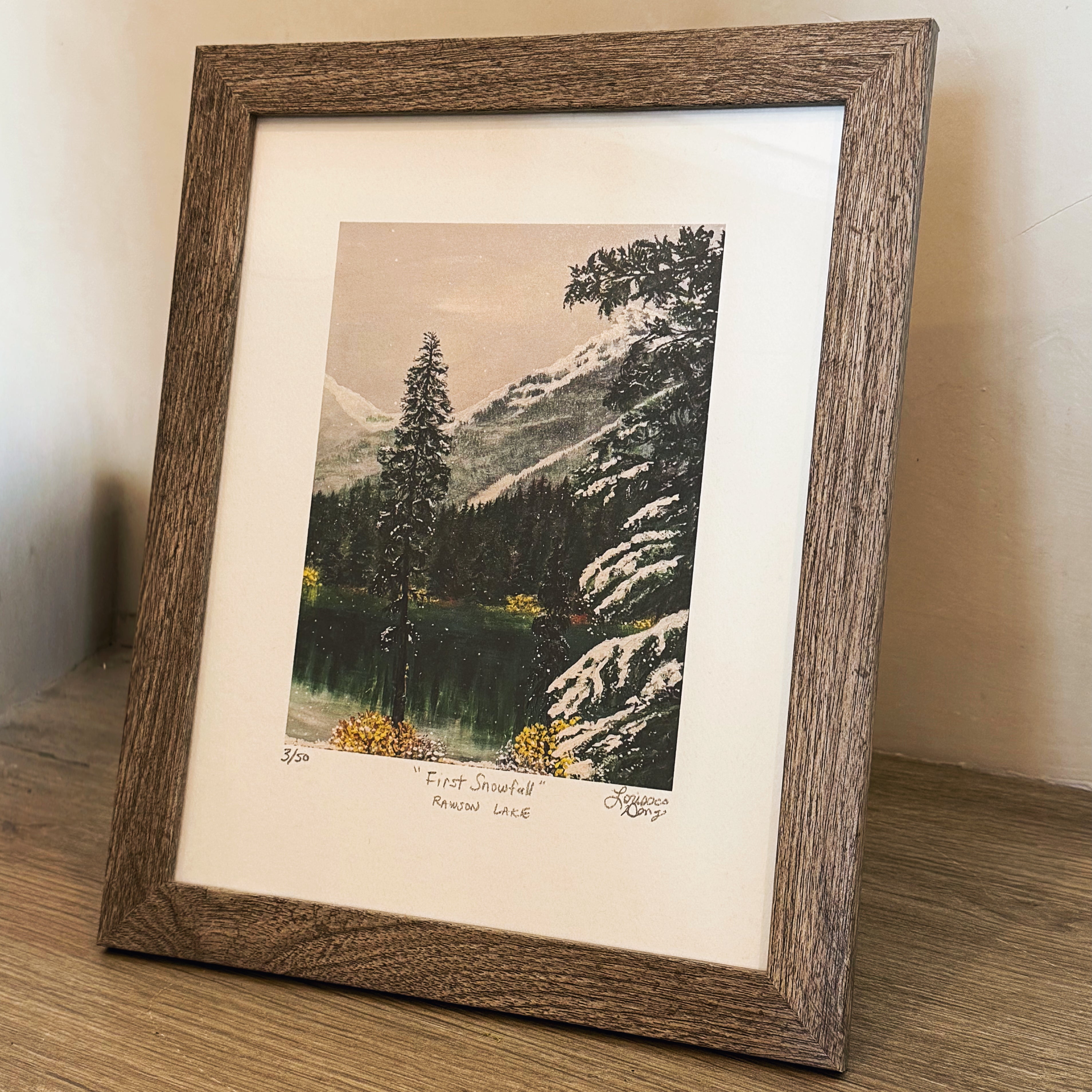 Lala's Little Art Studio Painting First Snowfall on Rawson Lake Print Framed