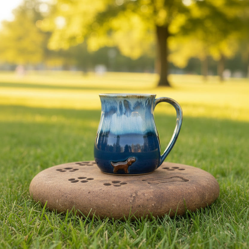 A handmade ceramic mug with a blue and white drip glaze, featuring a small brown relief dog figure on the front and a cream-colored base.