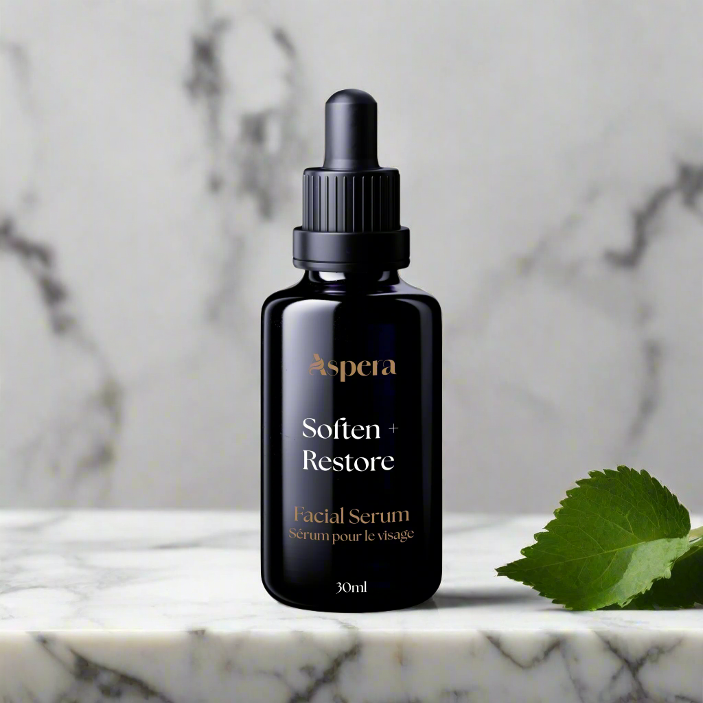 Aspera Soften + Restore. Facial Serum in 30 ml Violet Glass Dropper Bottle