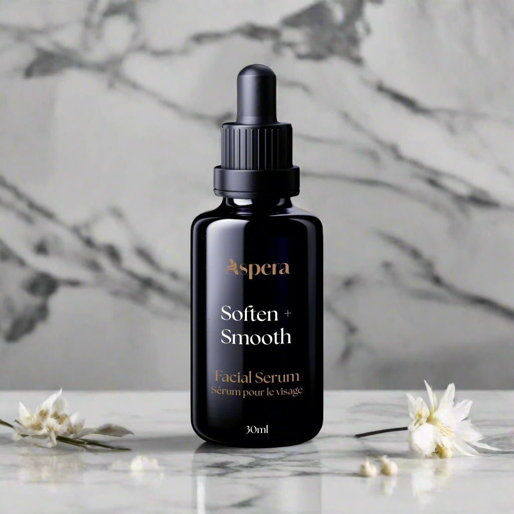 Aspera Soften + Smooth Facial Serum in 30ml Violet Glass Dropper Bottle