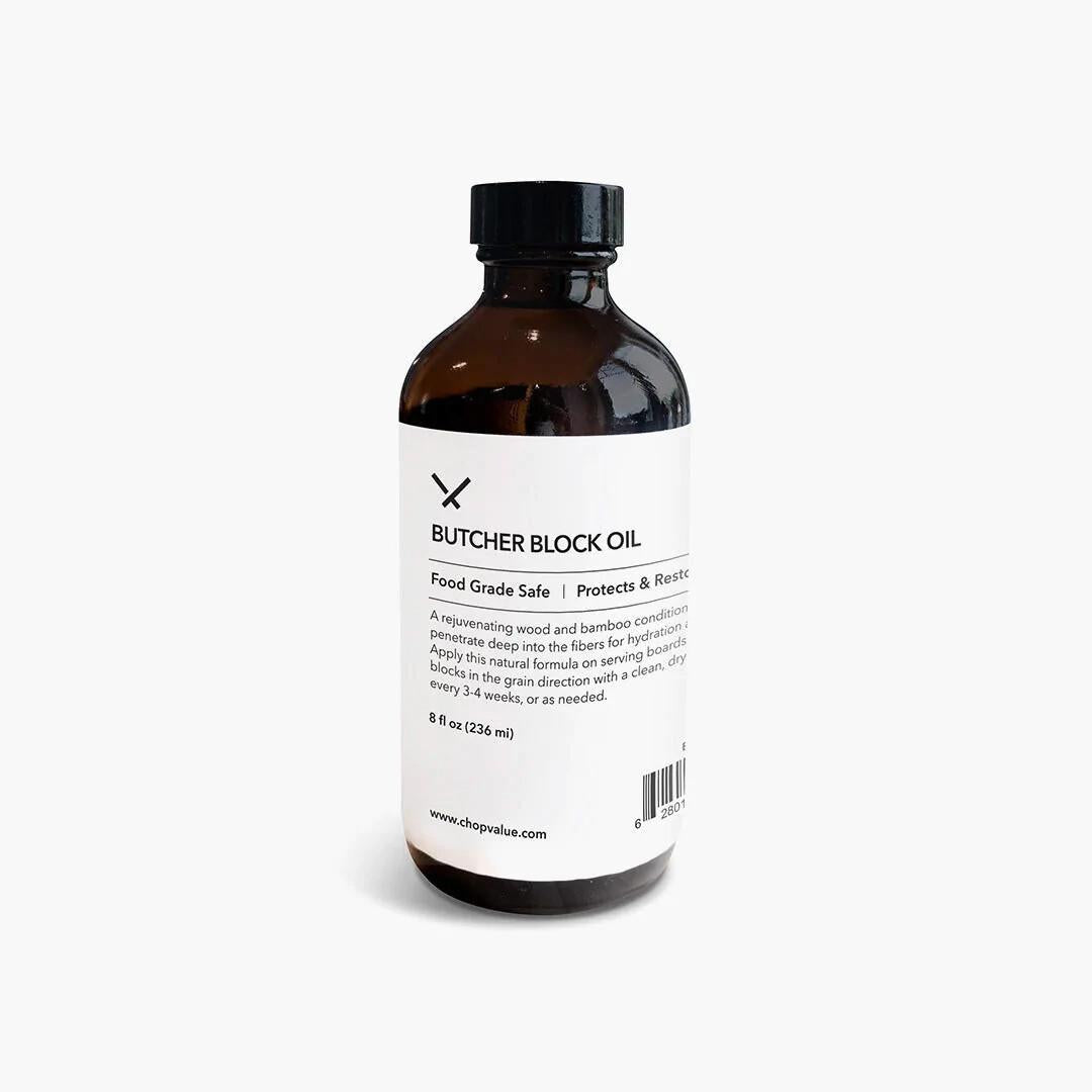 ChopValue butcher block oil in amber glass bottle – wood board conditioner Calgary