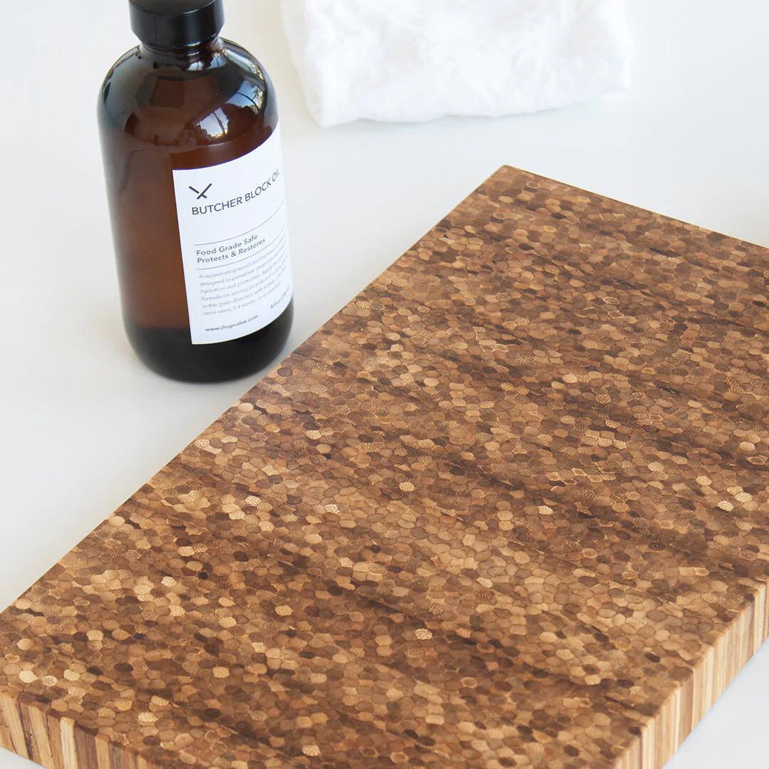 Butcher block oil beside end grain board – maintain wood cutting boards Calgary