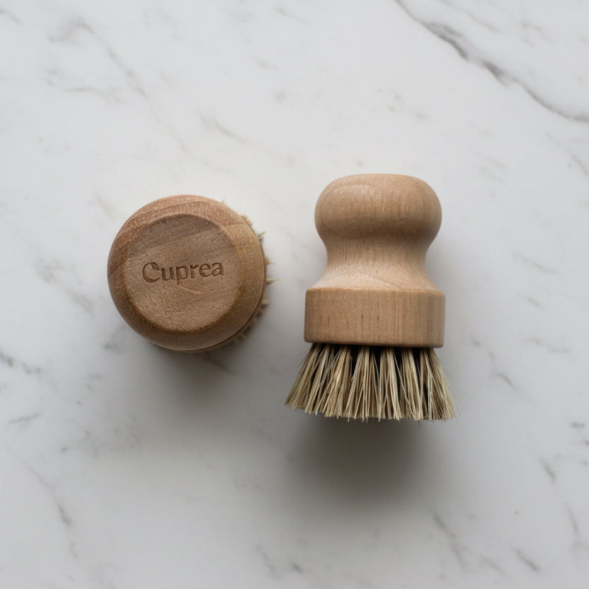 Cuprea wood pot scrubber with natural bristles on white marble kitchen counter – plastic-free dish scrubber in Calgary