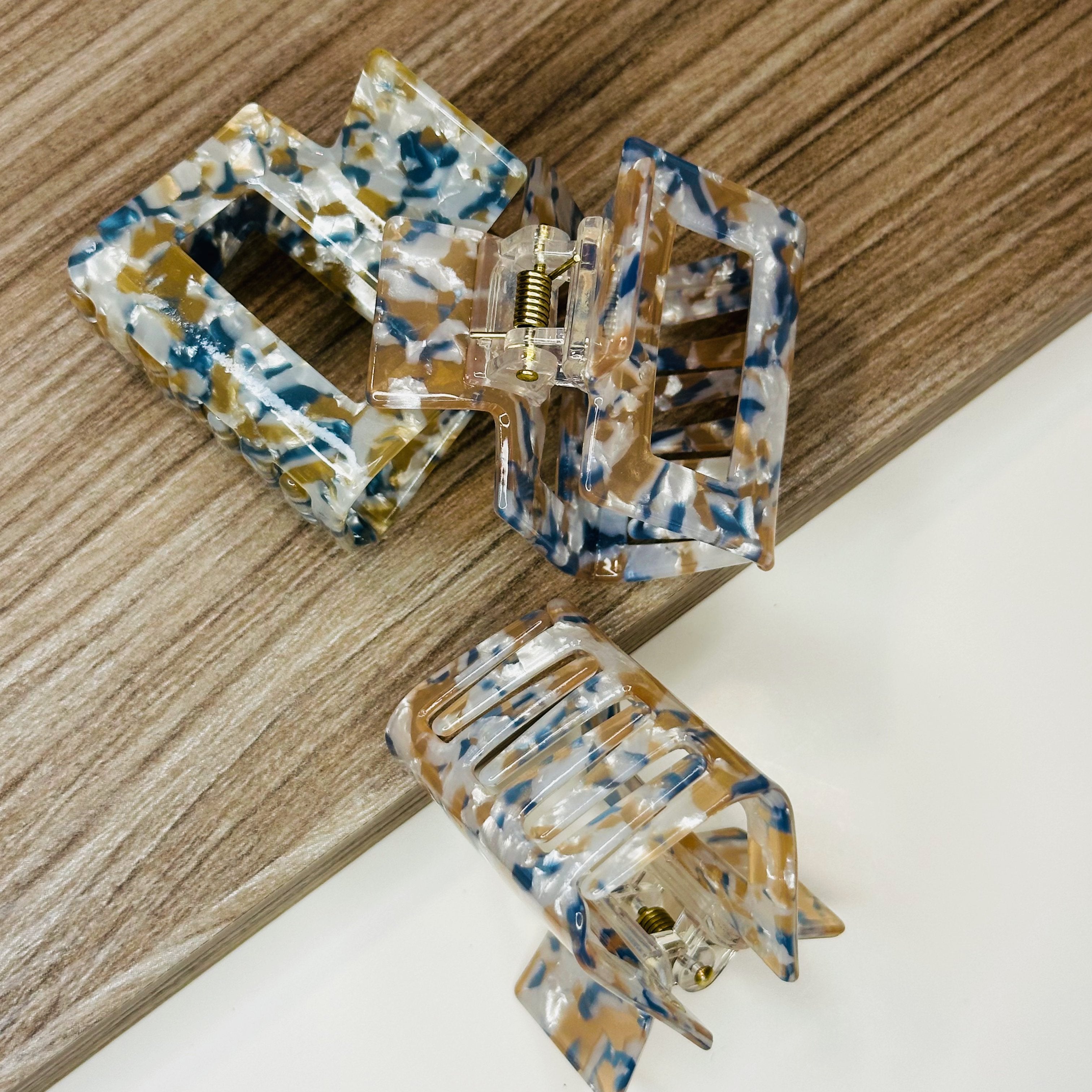 Blue and taupe marbled Evelyn hair clip – cellulose acetate accessory by Sebeana, available at Greenbriar Market in Calgary