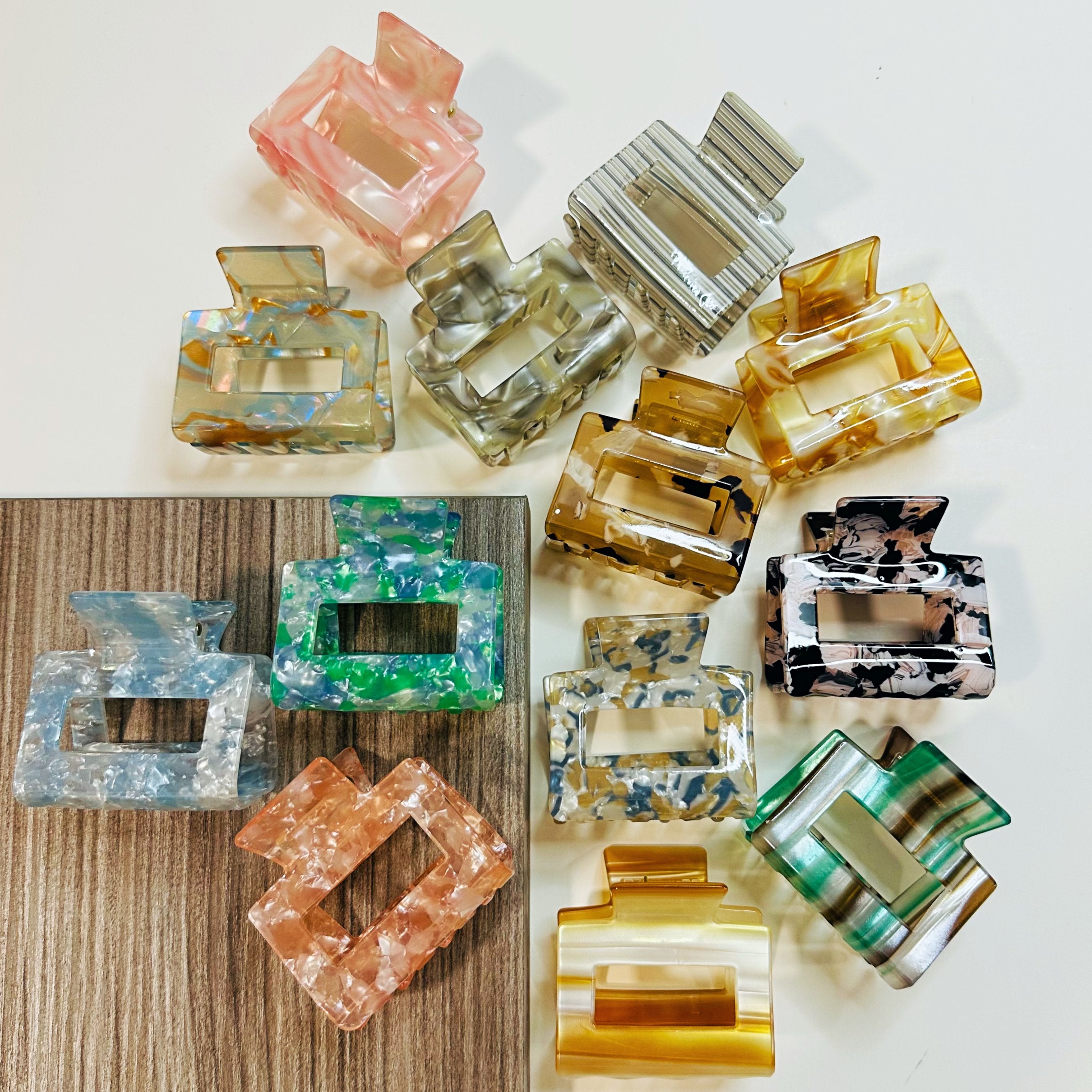 Collection of Sebeana Evelyn hair clips in assorted cellulose acetate colours – available at Greenbriar Market in Calgary