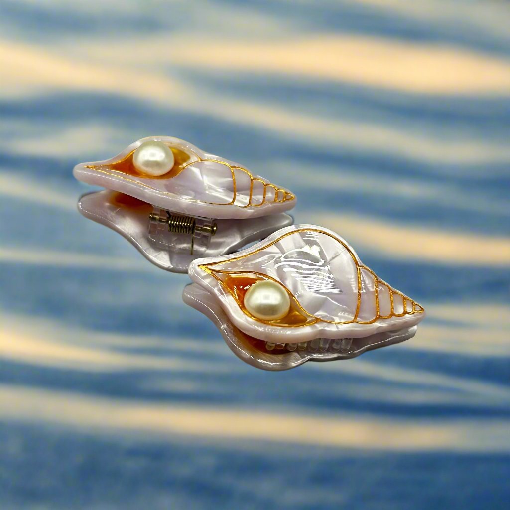 Mini conch shell hair clip with pearl detail – Marina sea creature collection by Sebeana, available at Greenbriar Market