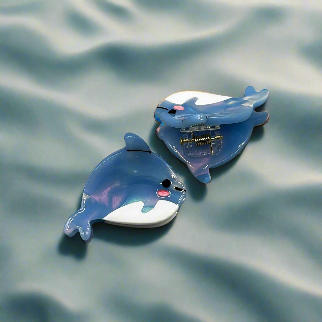 Mini dolphin hair clip in ocean blue – Marina sea creature collection by Sebeana, available at Greenbriar Market in Calgary