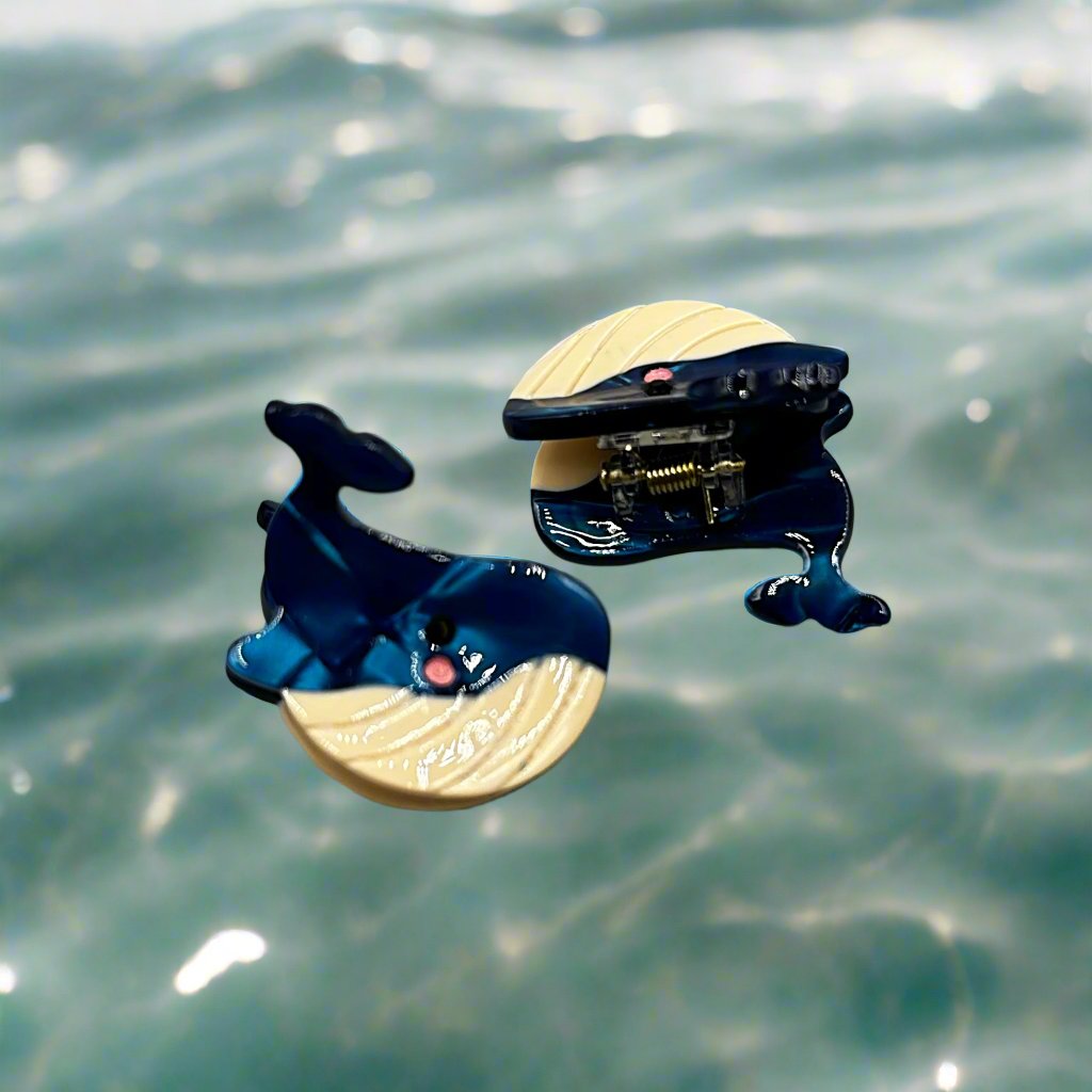 Mini whale hair clip in deep navy blue – Marina sea creature collection by Sebeana, available at Greenbriar Market