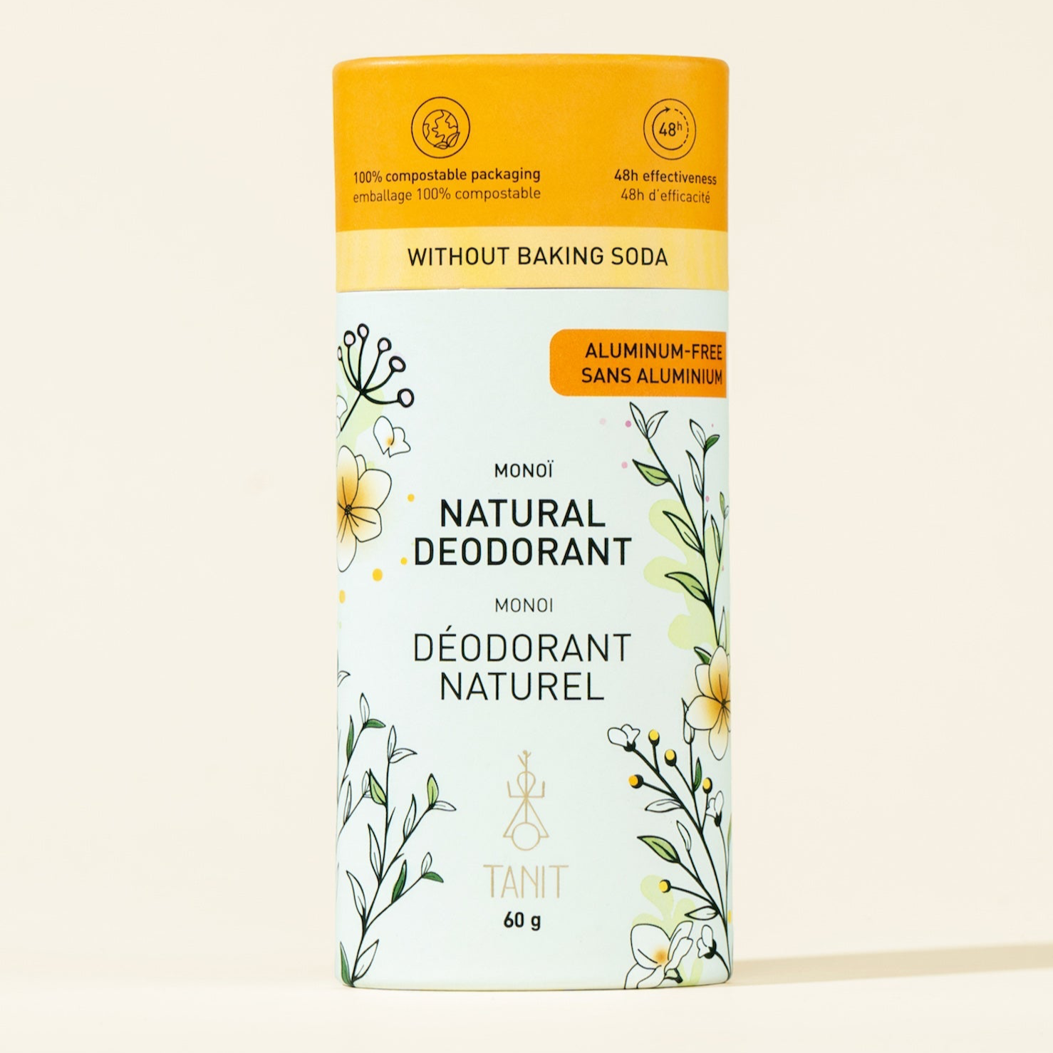 Monoi natural deodorant in compostable tube, aluminum-free and baking soda-free option for sensitive skin