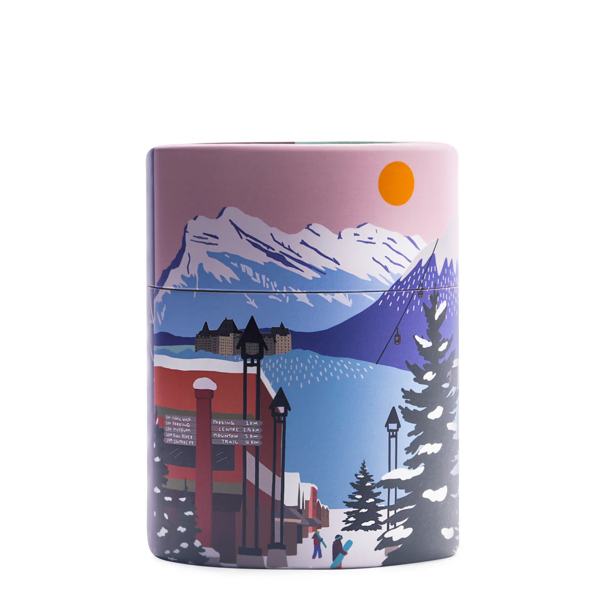 Illustrated Mt. Rundle whisky glass gift tube featuring Alberta mountain scenery, available in Calgary
